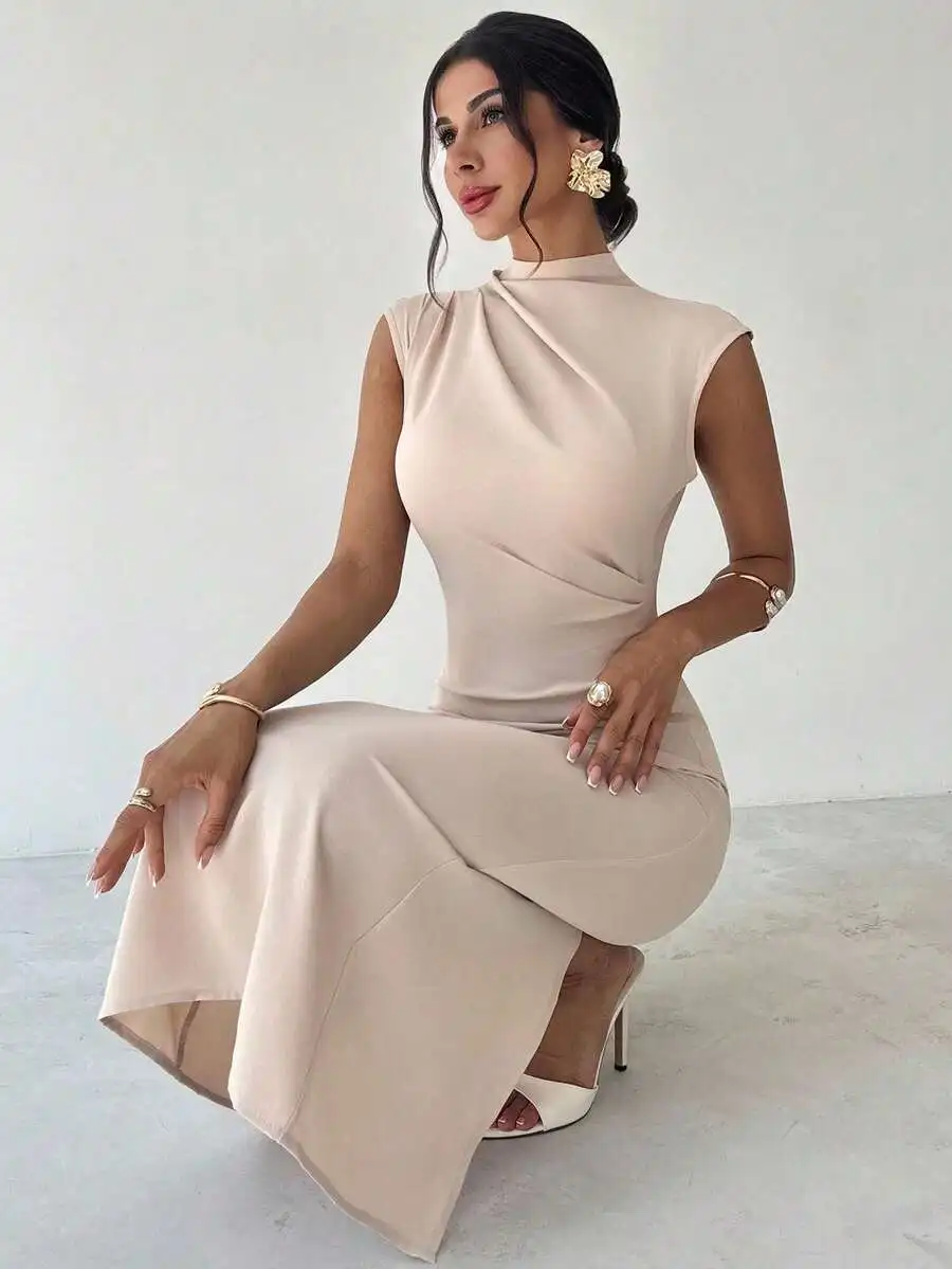 

Apricot Sleeveless High-Neck Midi Dress With Asymmetrical Drape, Fitted Waist, And Fluid Skirt For Summer Office Or Vacation
