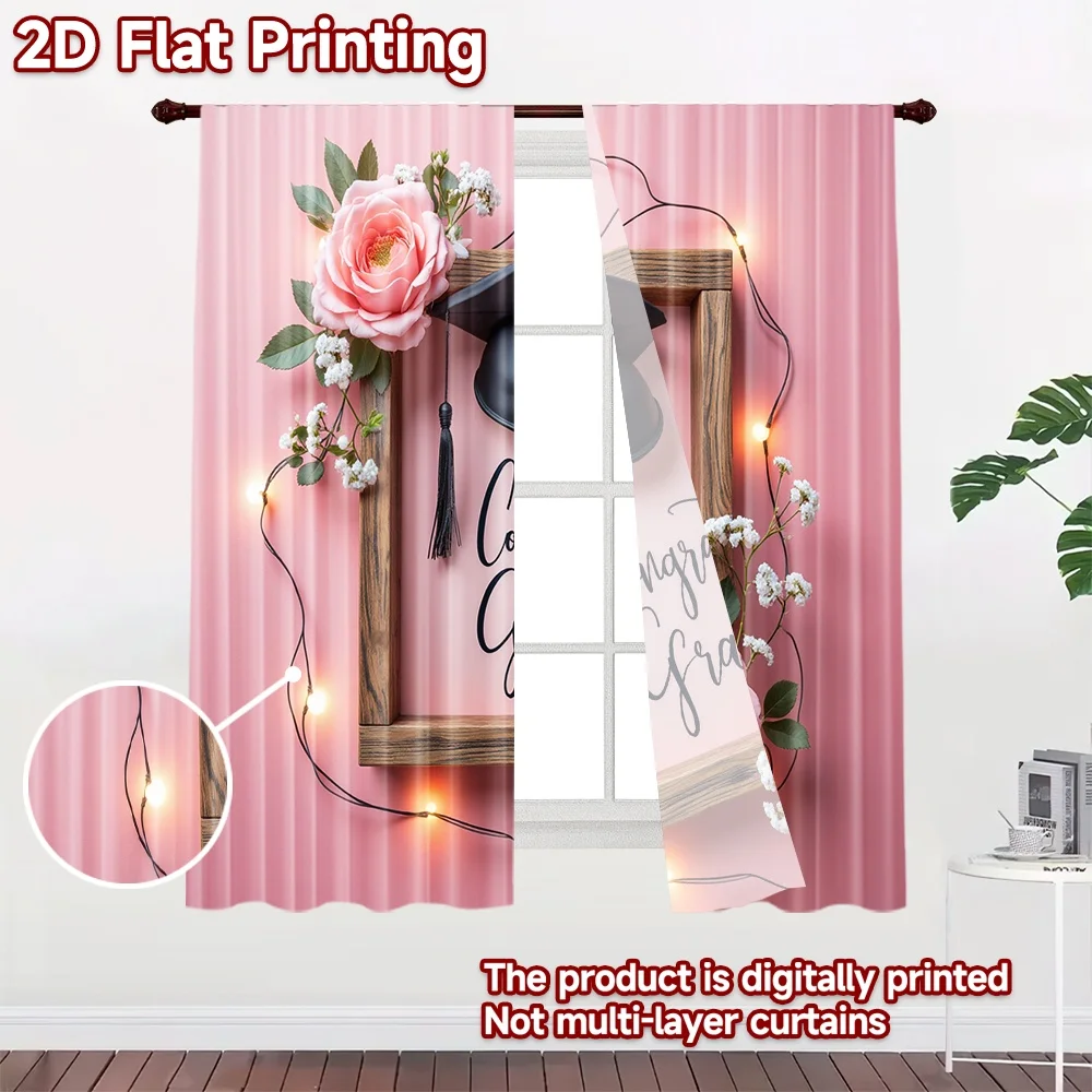 2D flat 2pcs Curtain Home Short Curtains Graduation Floral Congrats Digitally printed polyester Party Decorations Use for Indoor