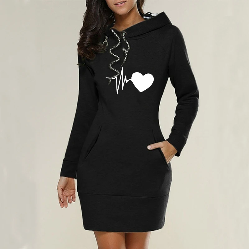 New electrocardiogram Printed Women Autumn Winter Solid Color Long Sleeve Casual Hoodies Dress Sweater Dress S-3XL