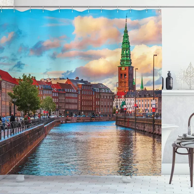 European Shower Curtain Scenic Summer View at Sunset Copenhagen Denmark Old Scandinavian View City Europe Fabric Bathroom Decor