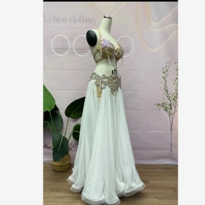 تخصيص أزياء الرقص الشرقي الصناعة الثقيلة أداء الرقص الشرقي فستان ثلاث قطع مجموعة حمالة صدر بيضاء + غطاء الخصر + فستان طويل #3