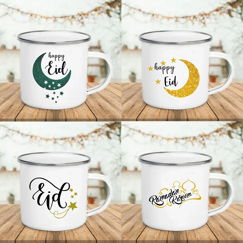 Taza de café con estampado de luna de Eid feliz, taza creativa, bebidas de fiesta Eid, vino, cerveza, jugo, leche, tazas de esmalte con asa, los mejores regalos de Ramadán