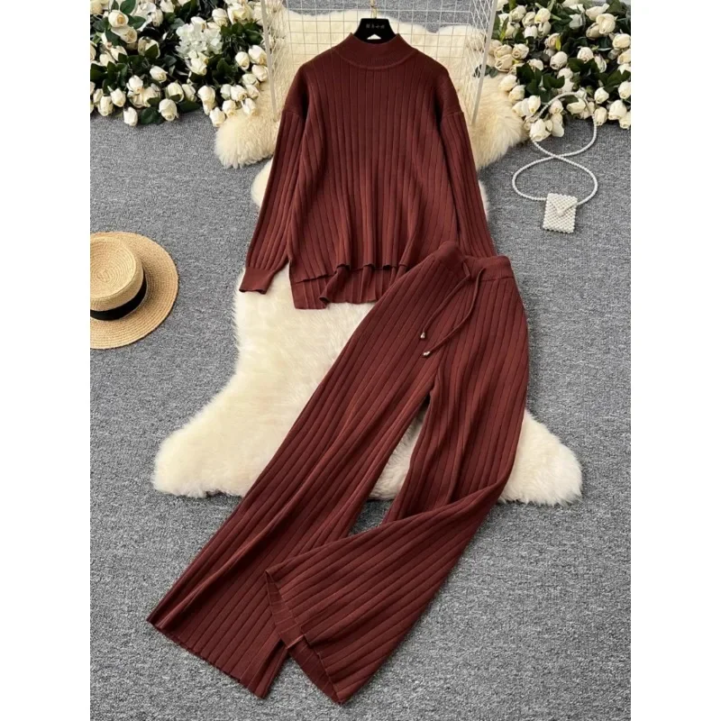 

Autumn Winter New Turtleneck Pullover Loose Long Sleeve Vertical Pattern Knitted Tops High Waist Draped Wide Leg Casual Pants