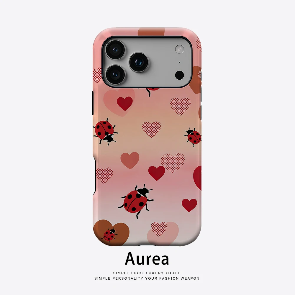 Aurea Case Matte Bumper für MagSafe Hülle für iPhone 18 17 16 15 14 Plus 13 Pro Max Stoßfeste Harte PC-Hülle Rosa Marienkäfer Herz Cover
