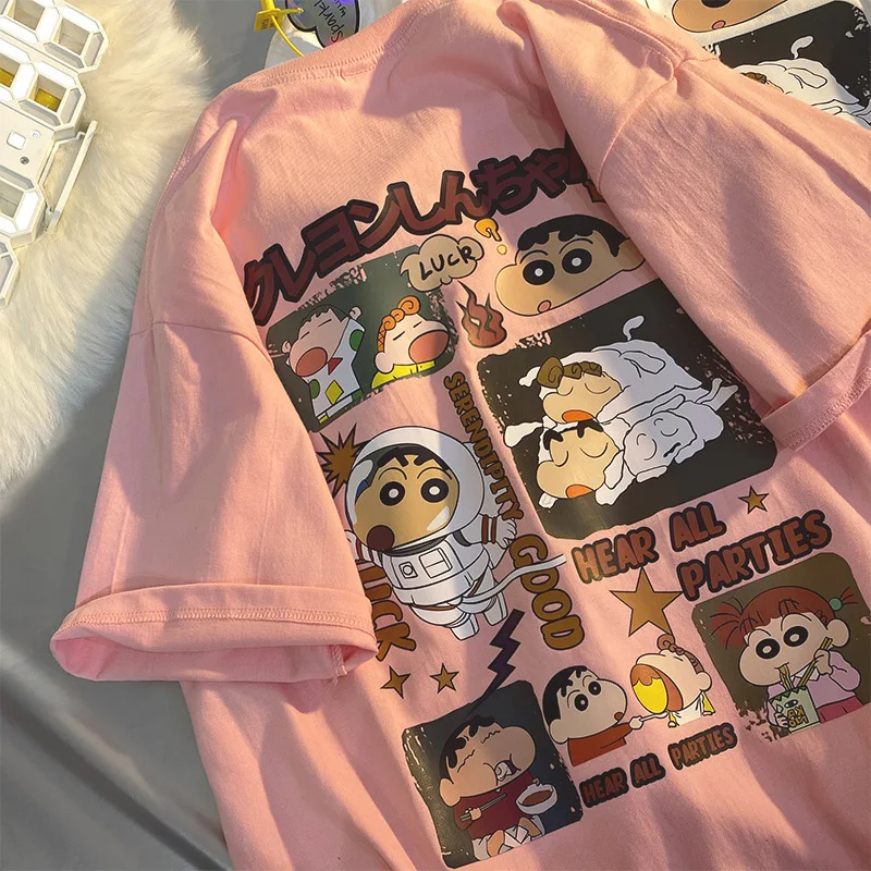 Crayon Shin Chan เสื้อยืดการ์ตูนอนิเมะคู่เสื้อยืดแขนสั้น2024ทรงหลวมฤดูร้อนเสื้อยืดนักเรียนหญิงผิวนุ่มเป็นมิตร