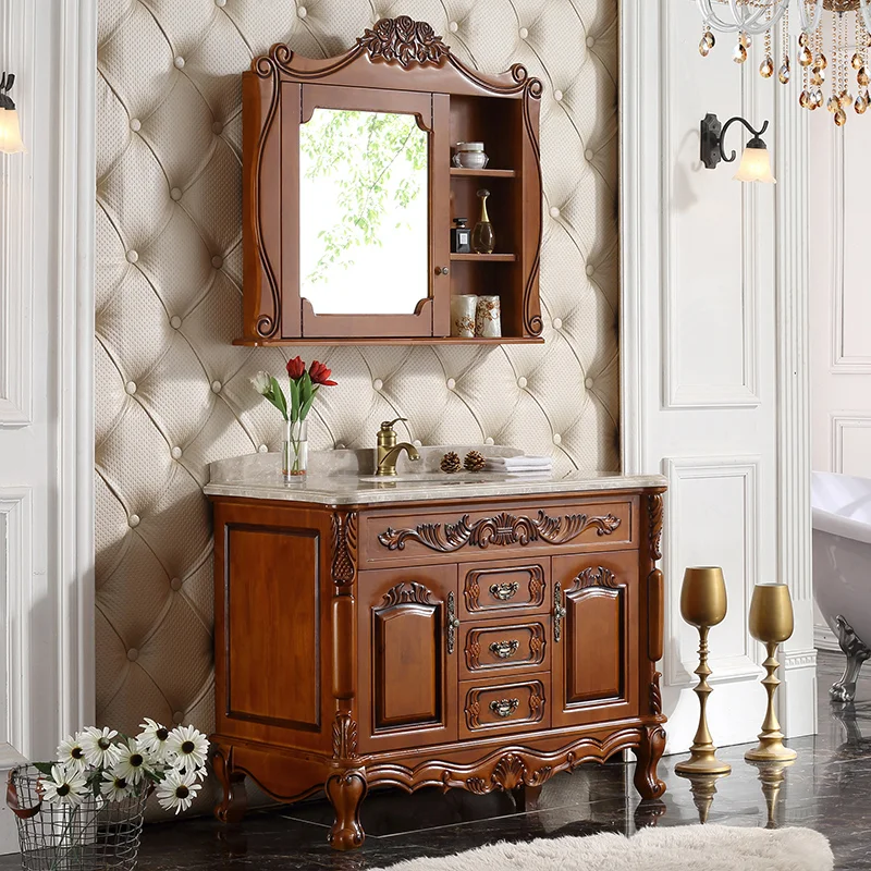 

Bathroom European bathroom cabinet American washbasin Solid wood oak floor washstand Marble washbasin cabinet Antique