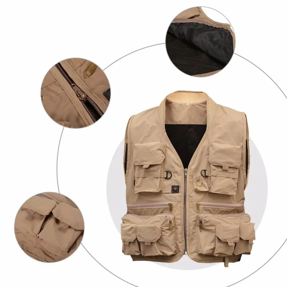 Chaleco de pesca con mosca para hombre, ropa exterior de poliéster, estilo Safari, cuello en V, corto, 100% poliéster