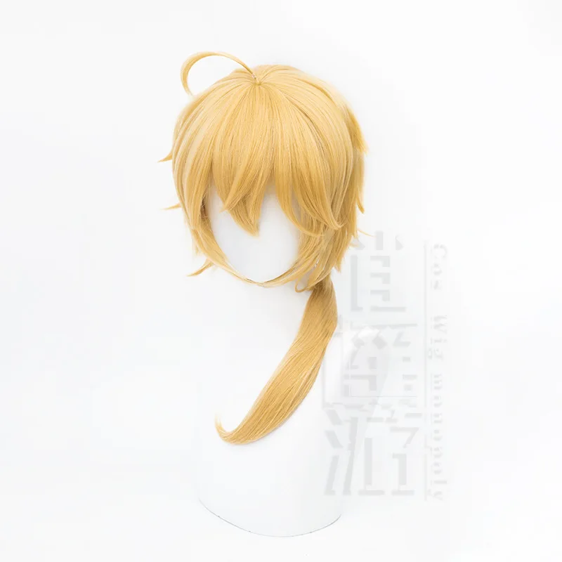 Game Genshin Impact Thoma Cosplay Wig 55CM Gold Medium Heat-resistant Synthetic Hair Halloween Party Anime Cosplay Wigs+wig Cap