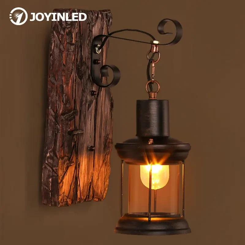 

Outdoor Antique LED Loft Wall Lamp Wood Glass Restaurant Cafe Bar Sconces Vintage Industrial Retro Wall Sconce for Bedroom