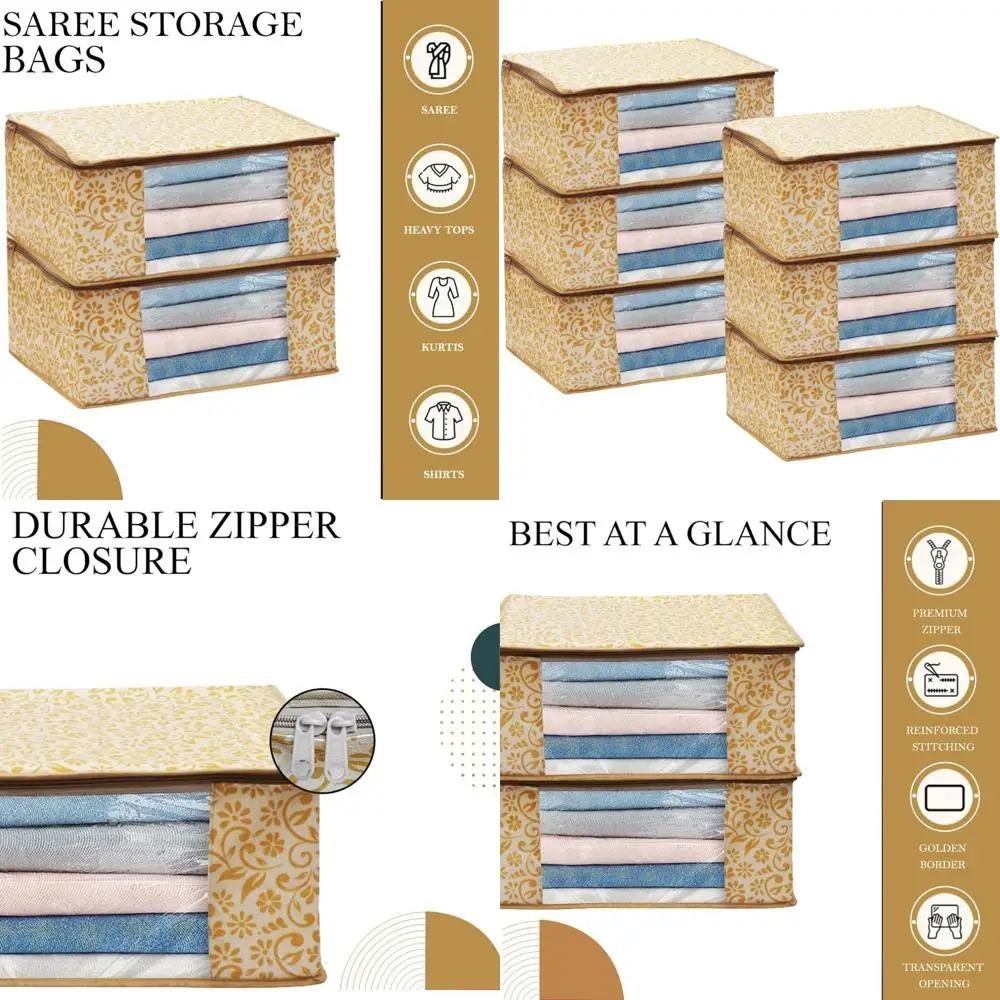 

Beige Non-Woven Storage Bags for Sarees and Clothes, Pack of 6 (Brown Patti)