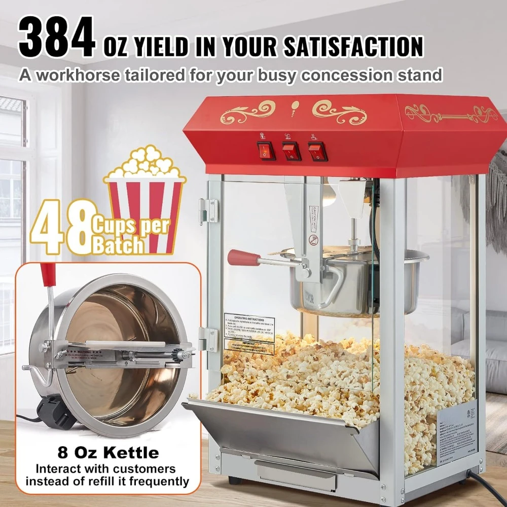 Popcorn Machine, 8 Oz Kettle for 48 Cups per Batch, 3-Switch Control Steel Frame Tempered Glass Doors 2 Scoops 2 Spoons, Red