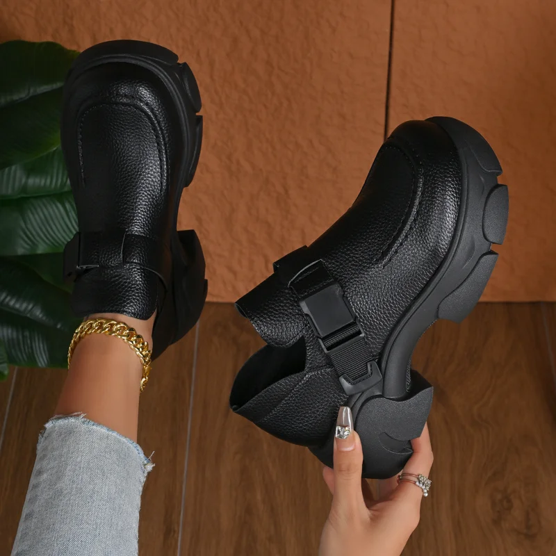 Retro Women Shoes Spring and Autumn Height Increase Thick Soled Casual Leather Shoes Round Head Buckled Platform Sneakers Women