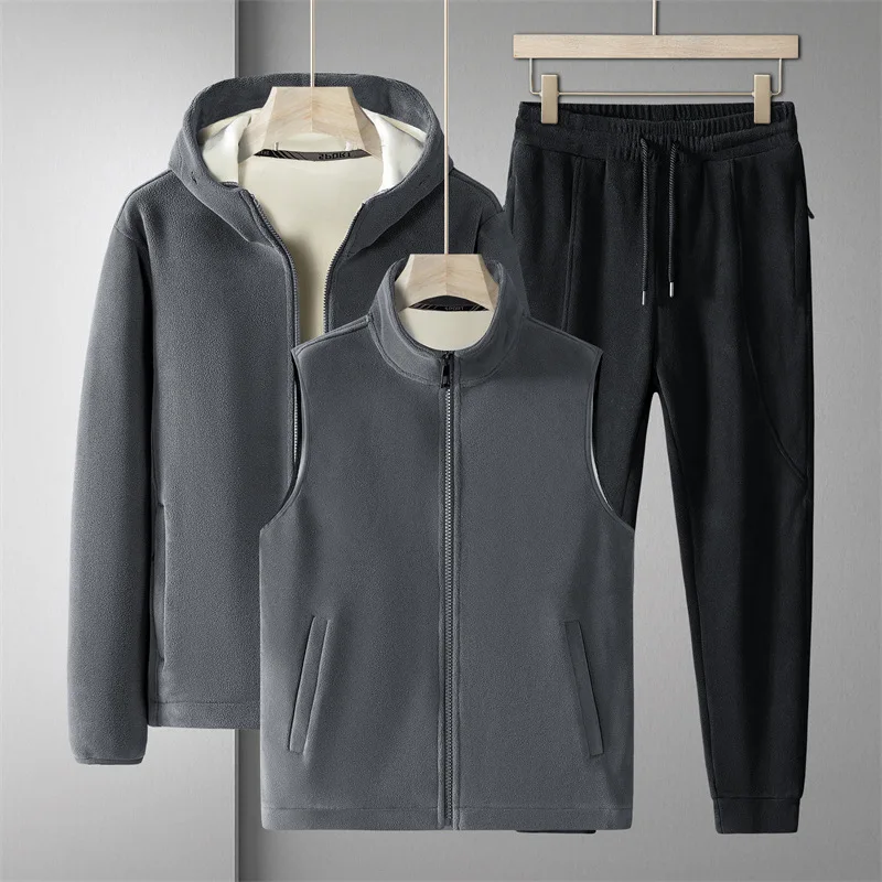 High Quality Men Hoodies + Vests + Pants Suit Lamb Cashmere Winter Thicken Fleece Keep Warm Velour Sport 3 Pieces Sets Plus Size