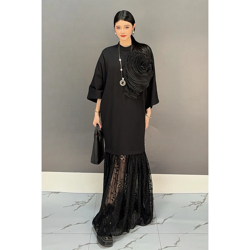 2024 Autumn New Elegant Black Patchwork Flower Loose Long Dress Women Fashion Long Sleeve Lace Dress Wholesale J500