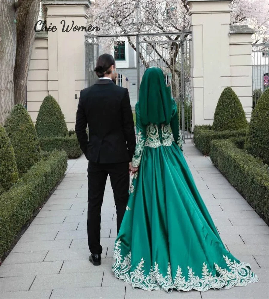 Vestido de noiva muçulmano com renda dourada, manga comprida, vintage e elegante, marroquino, Dubai e árabe, vestido de noiva gótico, verde, 2023