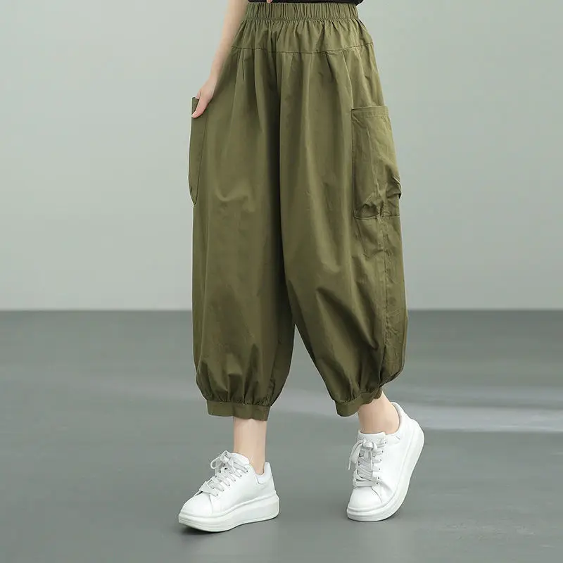 95% Pure Cotton Side Double Pocket Panels Harem Pants Lady Spring Summer Solid Elastic Waist Loose Bloomers Nine Points Trousers