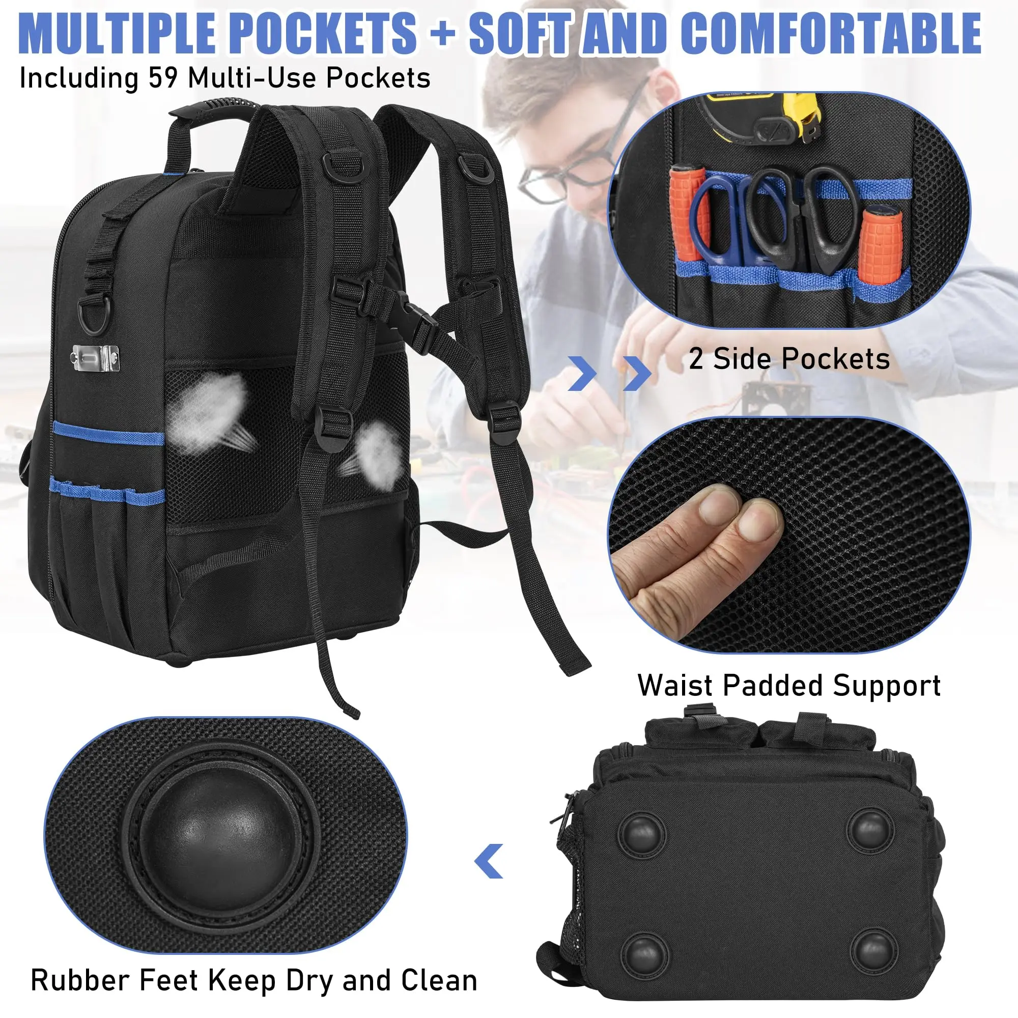 Heavy-Duty Zipper Tool Backpack with Premium YKK Zippers and Reinforced Stress Points.Crafted from Durable 900D Polyester with Padded Back Panel and Ergonomic Shoulder Straps.Internal Organizer Features 10 Tool Pouches and 6 Elastic Loops.Ideal for Ele view 7