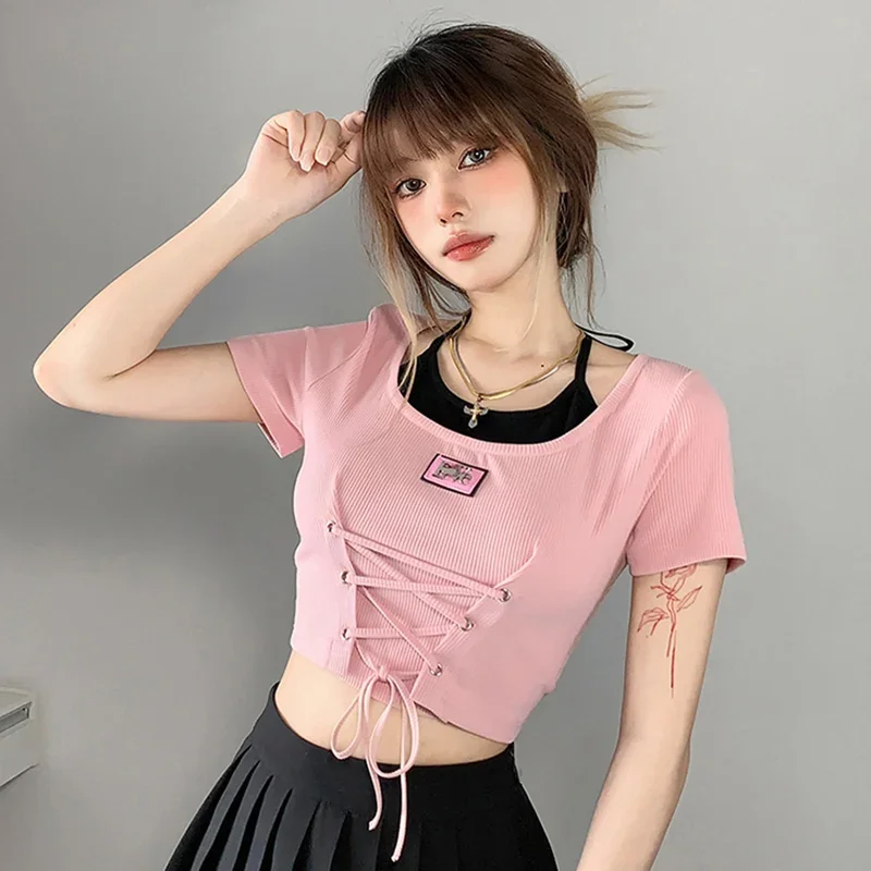 2024 Nuove Donne Sexy Halter Slip Crop Vestiti Della Signora Dolce Y2k T-shirt a maniche corte Femminile Tie Up Aderente Designer Estate Magliette e camicette