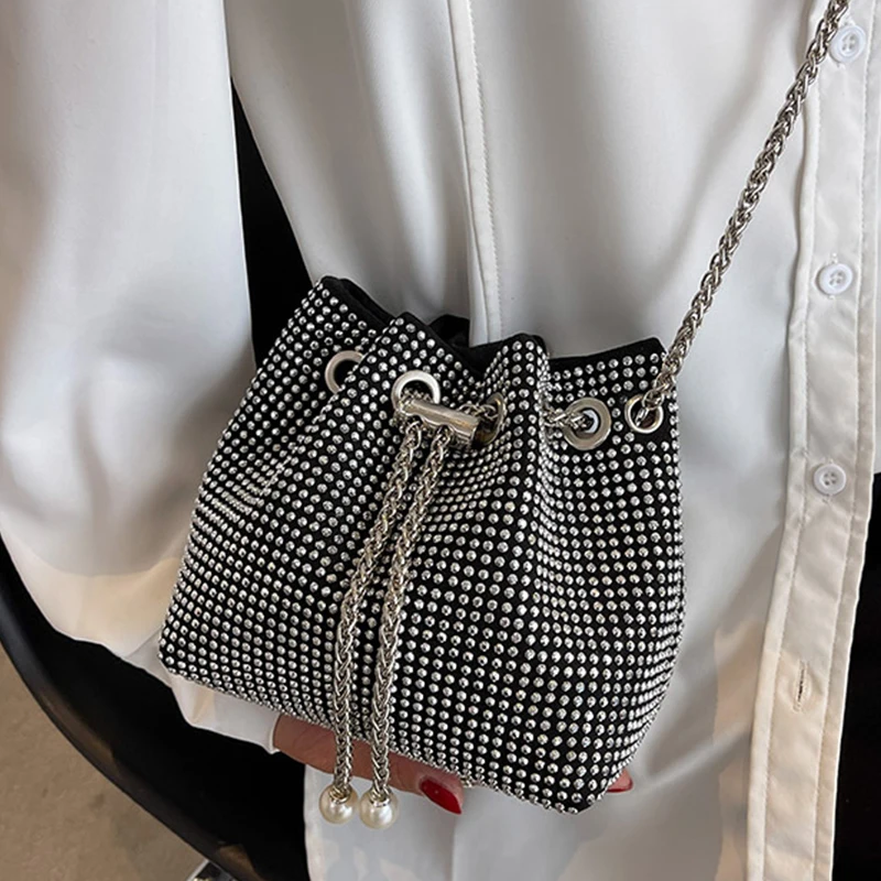 Luxury Rhinestone Shoulder Bags For Women Pearl Chains Bucket Crossbody Bags Drawstring Underarm Handbag Messenger Purse