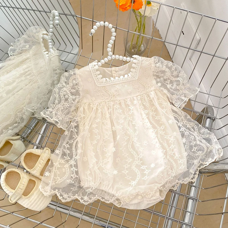 

2024 Summer Baby Clothes Lace Embroidery Girls One Piece Toddler Girl Bodysuit Baby Tutu Skirt Style Bodysuit Party Outfit