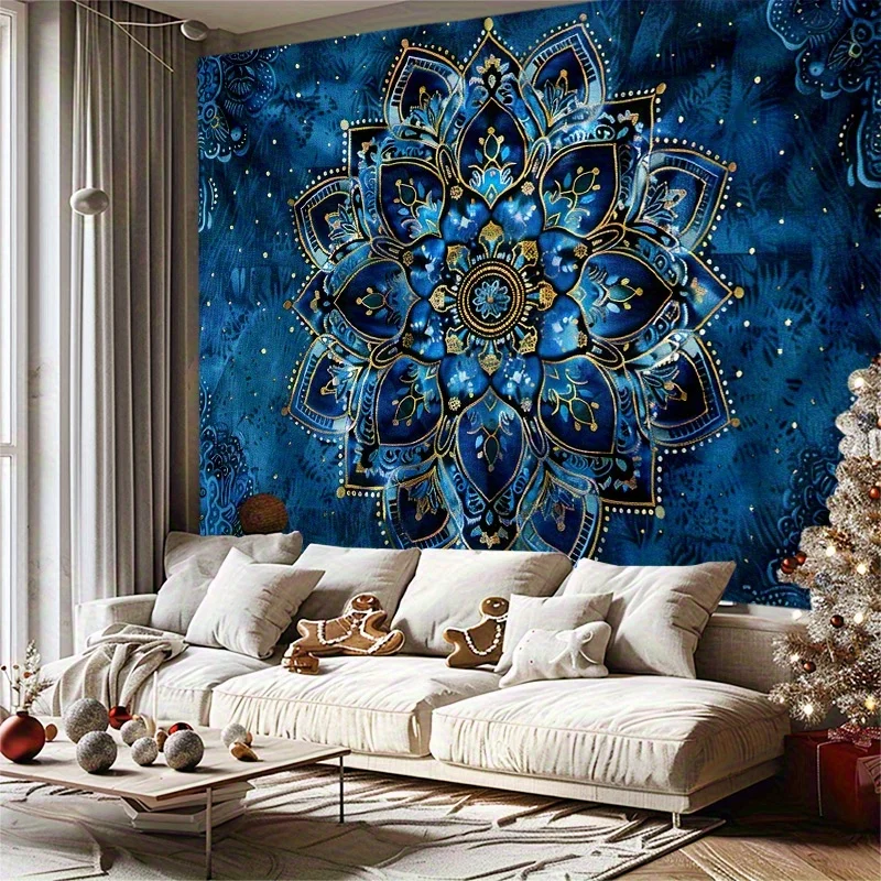1 pieza de tapicería mandala floral azul bohemio - Diseño floral intrincado con detalles dorados, tejido de poliéster, perfecto