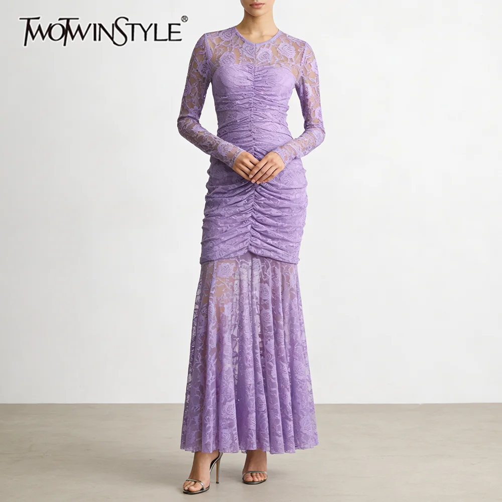 

TWOTWINSTYLE Фиолетовое облегающее платье с кружевными вставками для женщин, с круглым вырезом, длинным рукавом, винтажное, сексуальное, осеннее, модное, новинка