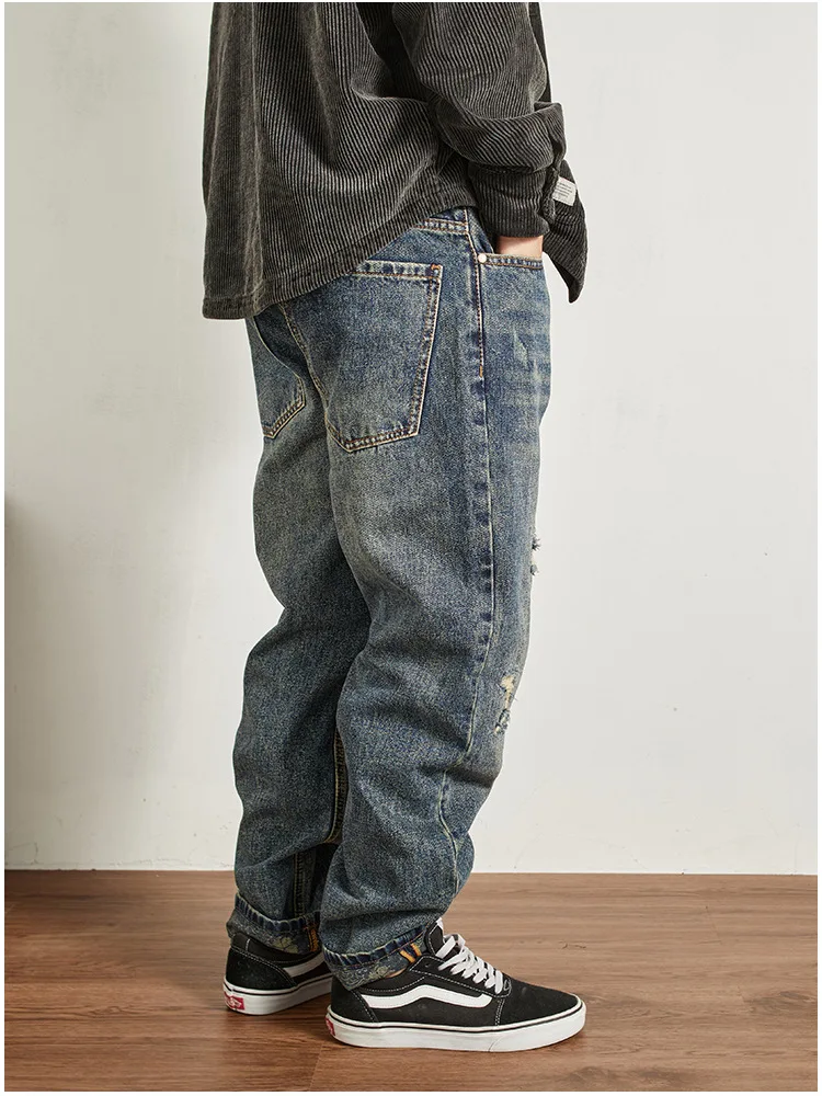 

Fashionable street jeans for men, retro patchwork patches, loose tapered small straight leg denim pants with holes