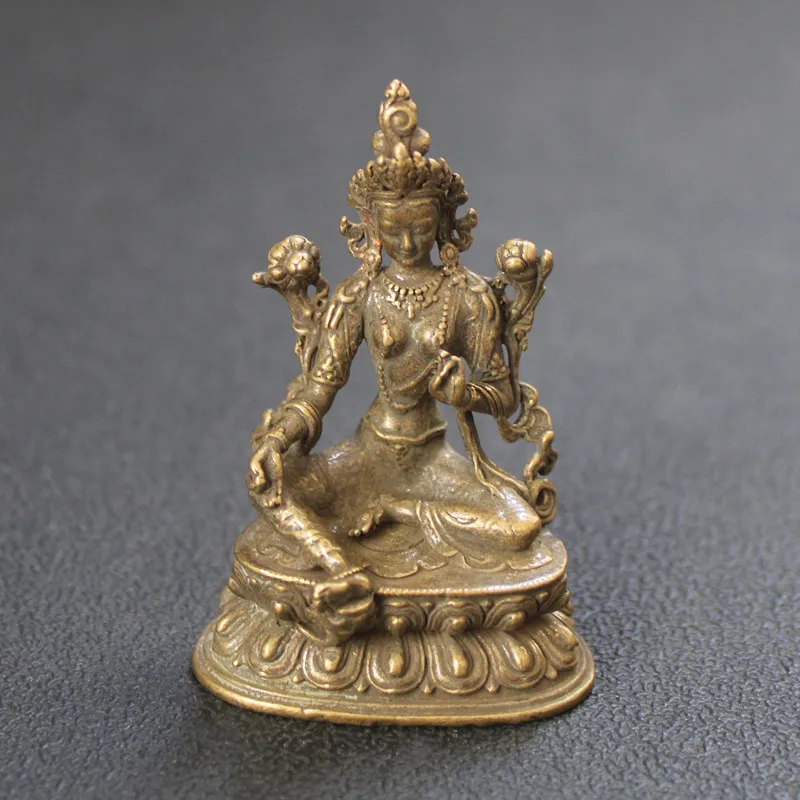 Green Tara Buddha Statue Bodhisattva Worship Antique Safe Pure Brass Buddhist Hall Mini Ornaments Auspicious Tibetan Thangka