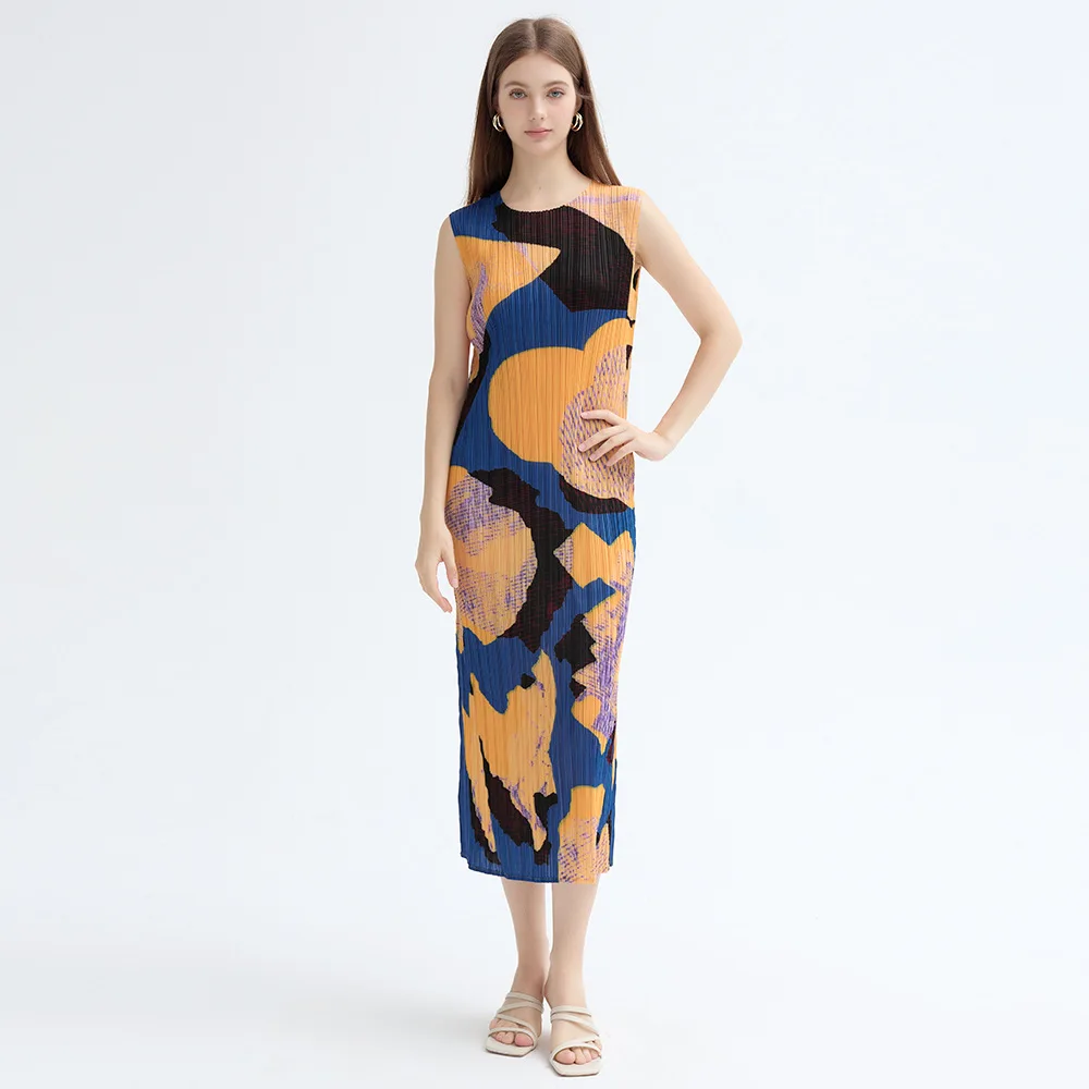 

Quality Women's Clothing Pleated Print Dress Women Sleeveless Round Collar Medium Long New 2025 Summer Female Holiday Dresses