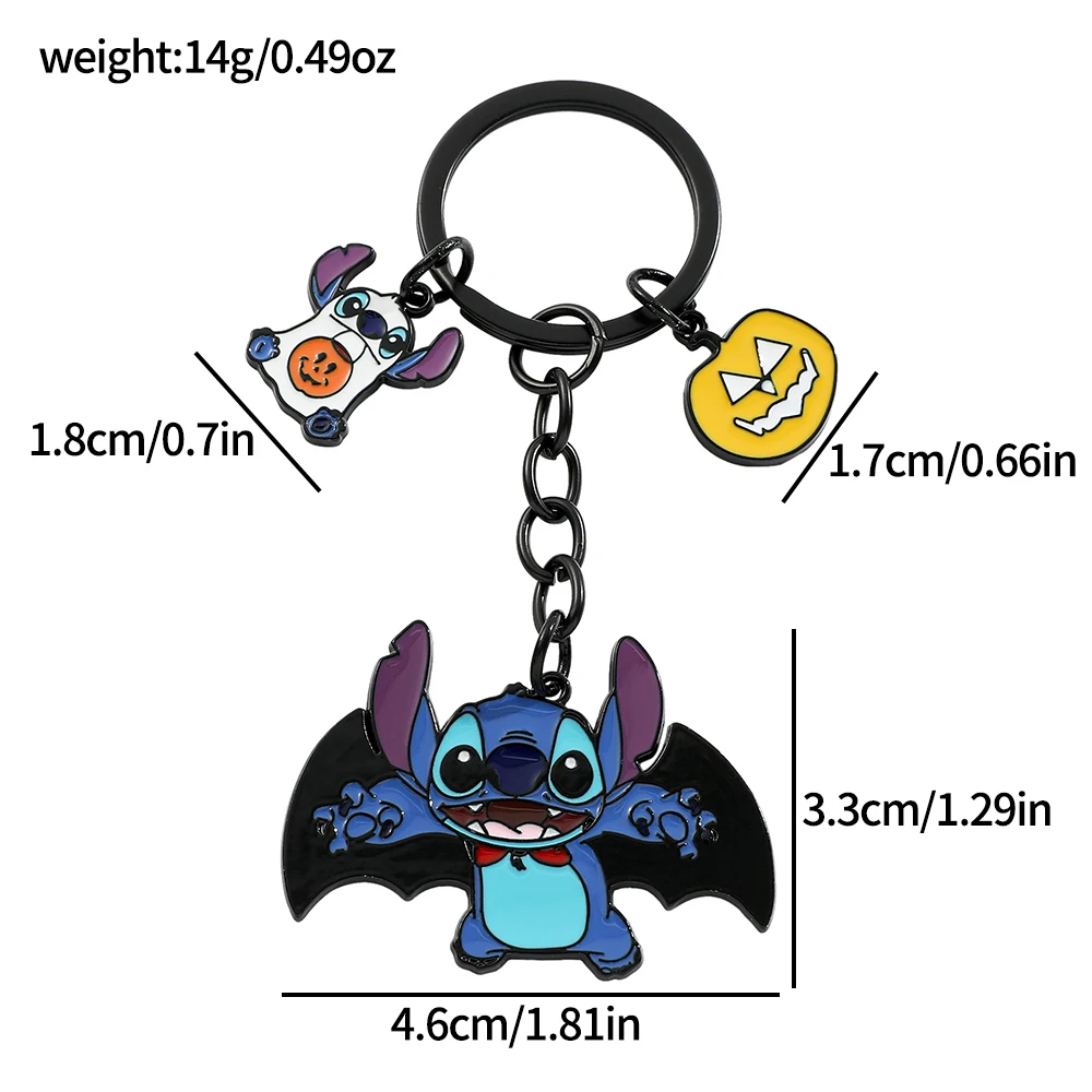 Cute Stitch Keychain with Bat Wings, Halloween Metal Key Ring, Pendant Jewelry, Male Gift, Backpack Decoration