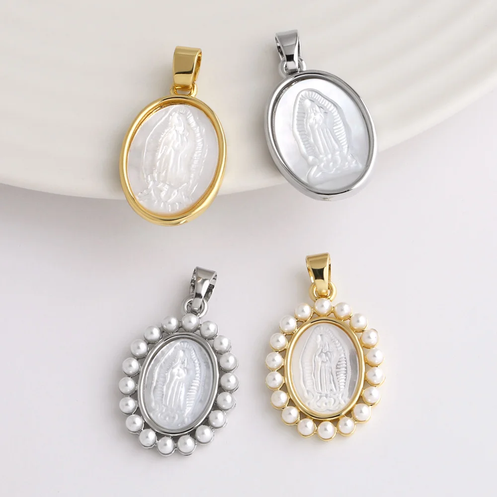 OCESRIO Faux Pearl Shell Virgin Mary Pendant for Necklace Copper Gold Plated Silver Color Jewelry Making Supplies pdtb307