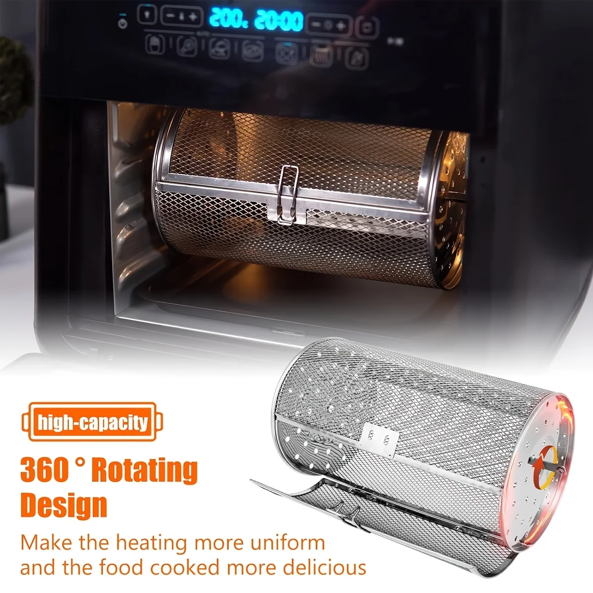 Rotisserie Basket 360-Degree Rotating for Air Fryer & Oven, Stainless Steel, Movable Door for Home Bakers & Grill Enthusiasts