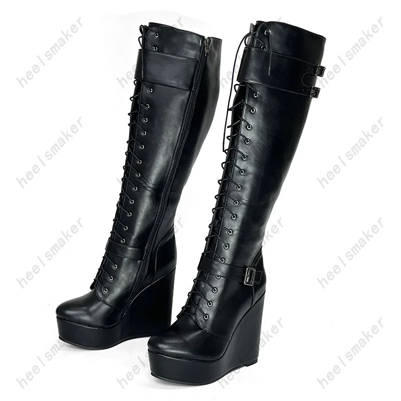 

Sukeia Handwork Women Winter Knee Boots Buckle Strap Wedges Heels Round Toe Elegant Black Club Shoes Ladies US Size 5-20