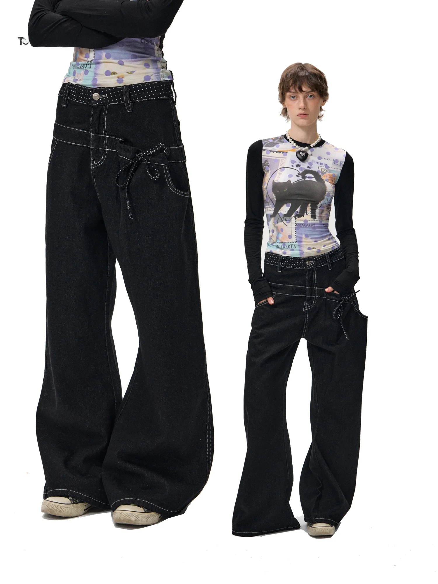 

Джинсы женские свободного кроя с асимметричным кроем, широкие штанины, в стиле полка-дот, из смесового хлопка, повседневные, из денима