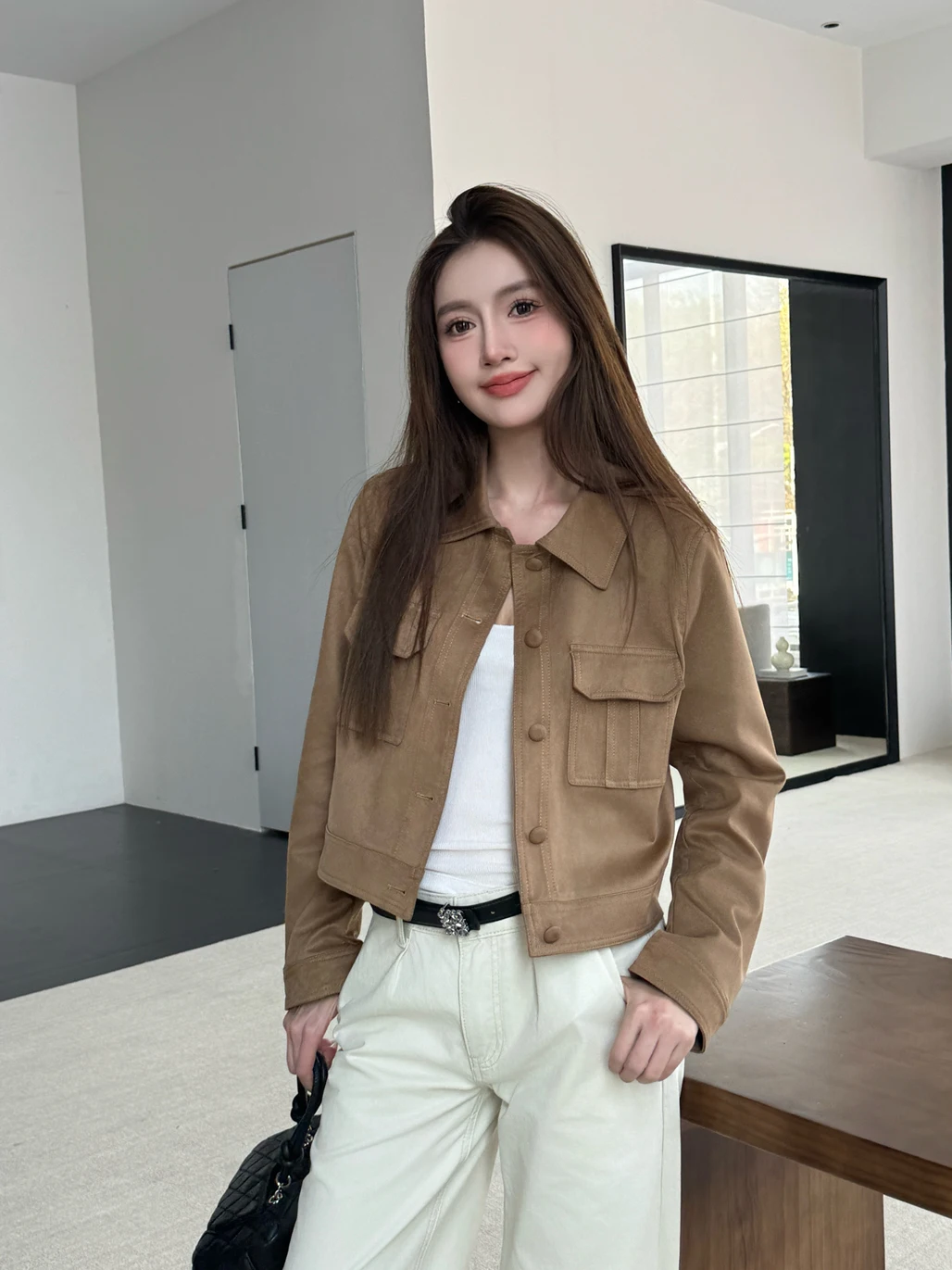 

Ретро-куртка из замши и кожи для женщин, свободного кроя, весенняя новинка, в стиле рабочей одежды, повседневная, из смесовой ткани (полиэстер/хлопок), короткое пальто