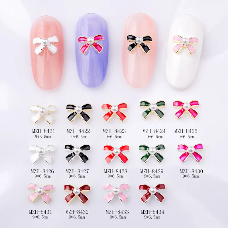 

10PCS/Pack Alloy Ribbon Bow Nail Charms Gems Different Color 3D Rhinestone Nail Art Decor Accessory Supplie Pearl Nail Gem Parts