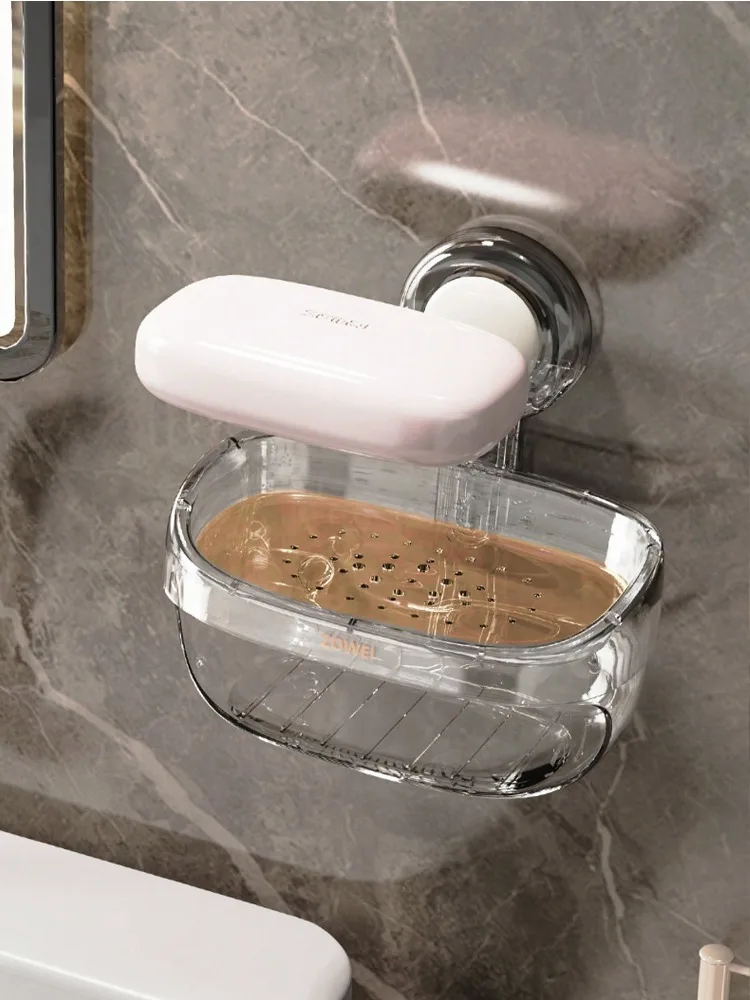 Suction Cup Soap Box Double-Layer with Sponge Soap Dish Wall Mounted Punch-Free Drainage Water Absorption Holder Bathroom Shelf