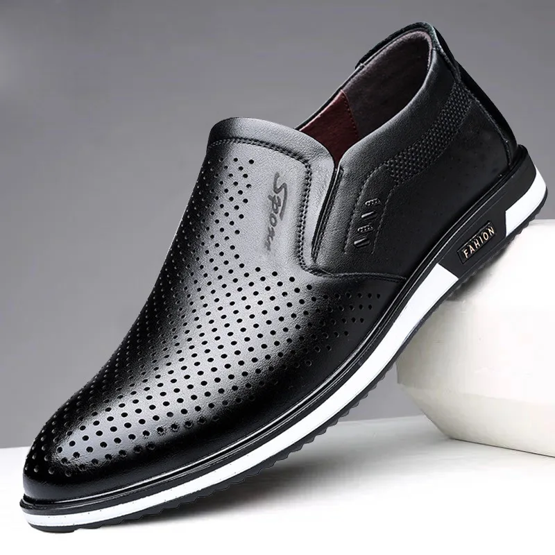 Trendy Men's Leather Shoes Quality Men Casual Shoes Breathable Hollow Slip on Men Shoes Concise Comfortable Flats Erkek Ayakkabı