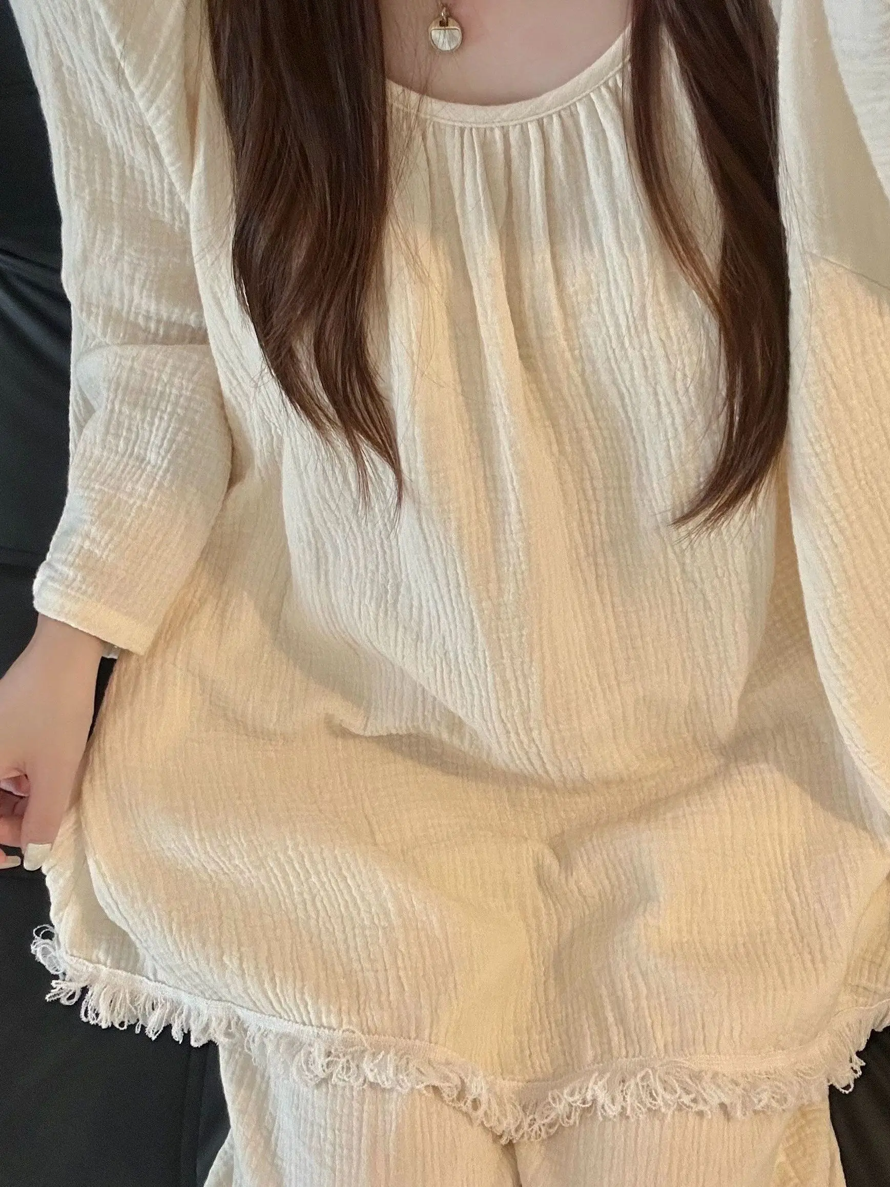 Women's Pure Cotton Sleepwear Long Sleeve Loose Fit Home Clothes Set Sweet Korean Style  Color plus Size Cloud Cotton