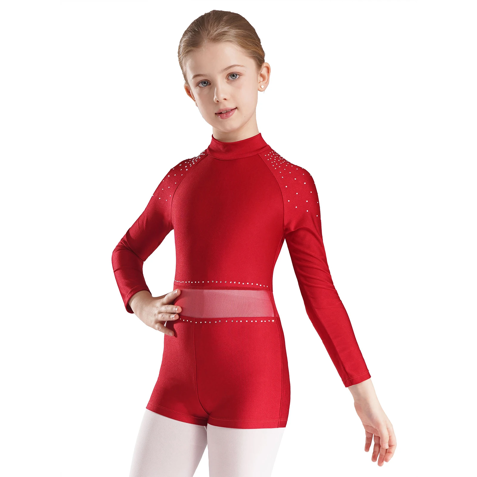 # 6-16 Mädchen Eiskunstlauf Gymnastik Tanz Performance Body Glitzernde Strass Langarm Overall Ballett Tanz Trikot