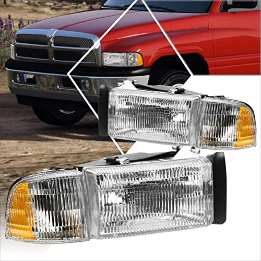 

[4Pcs-Set] Headlights Assembly+Corner Lamps Compatible with 94-02 Dodge Ram 1500-3500 Chrome Housing Amber Corner Lamps for Tru