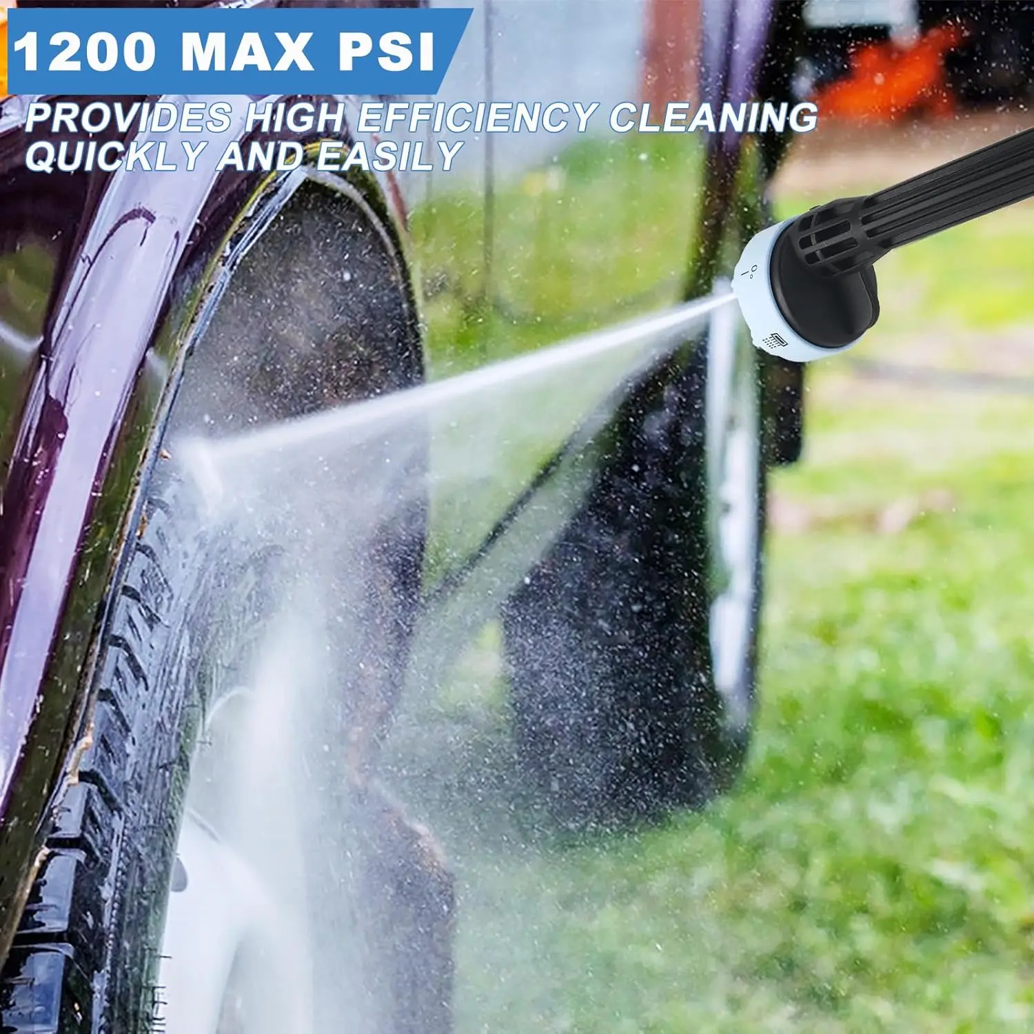 غسالة ضغط تعمل بالبطارية 1200 رطل لكل بوصة مربعة، بطاريات 2 × 1500 مللي أمبير في الساعة، خرطوم 10 أمتار، فوهة 6 في 1 #2