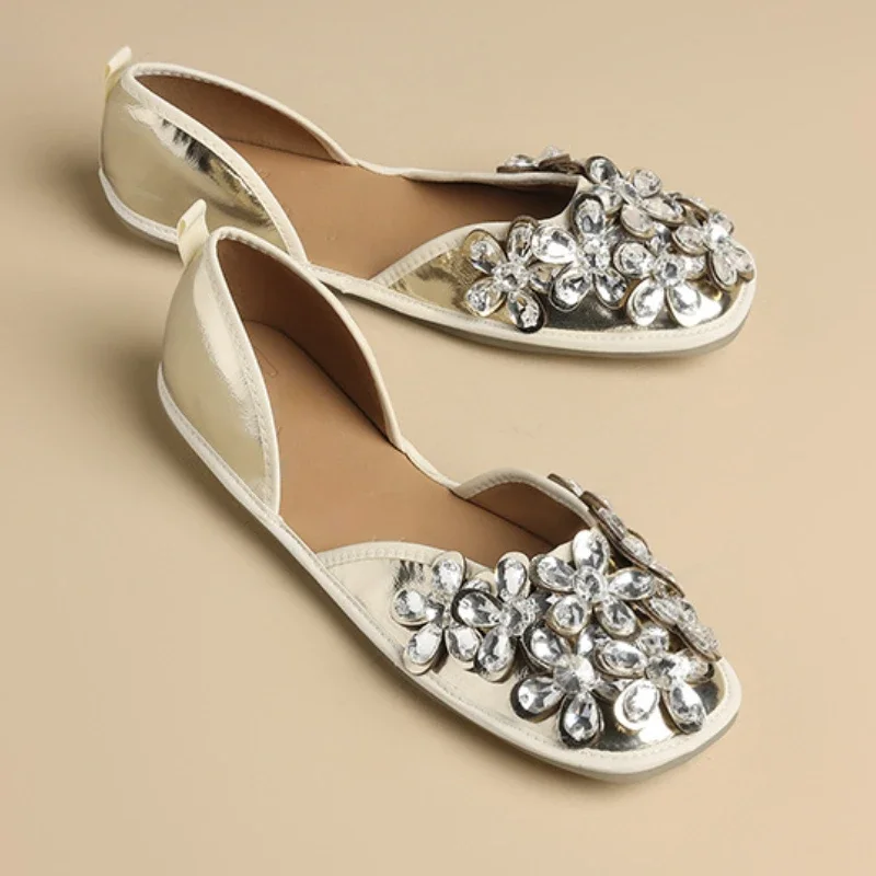 Scarpe basse di strass di lusso per le donne punta quadrata per il tempo libero comfort suola morbida taglia 35-43 Crystal Flower Designer Mule