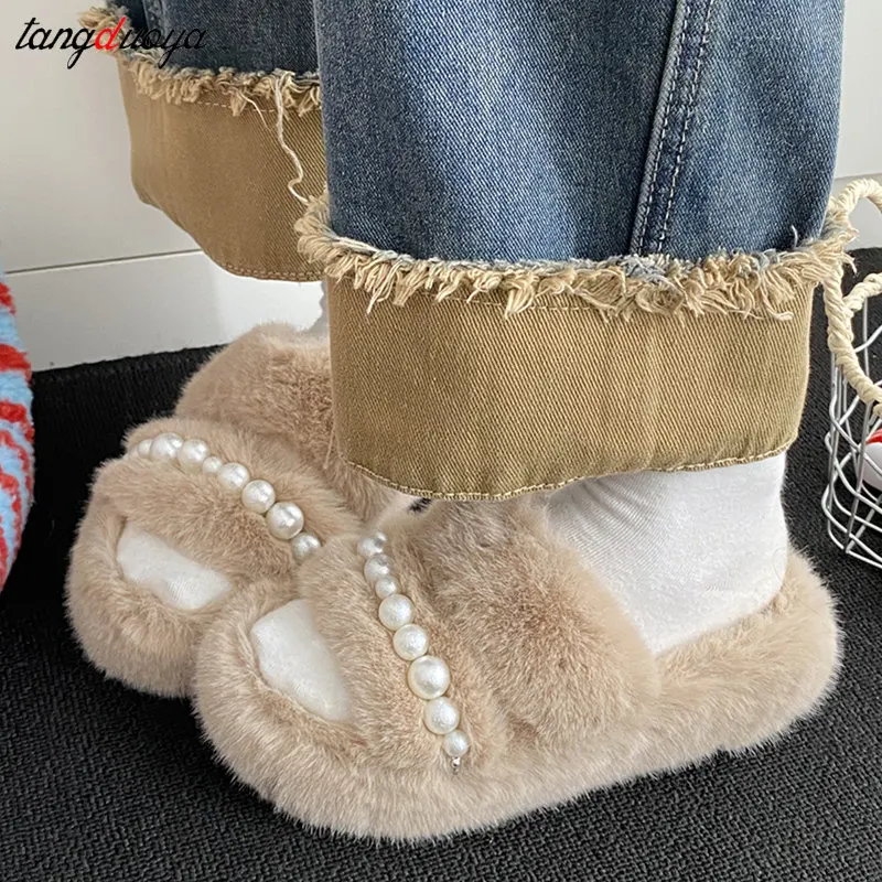 Winter Women House Furry Slippers 2024 New Luxury Pearl design Open Toe Home Cotton Shoes Woman Platform Soft Plush Warm Slides