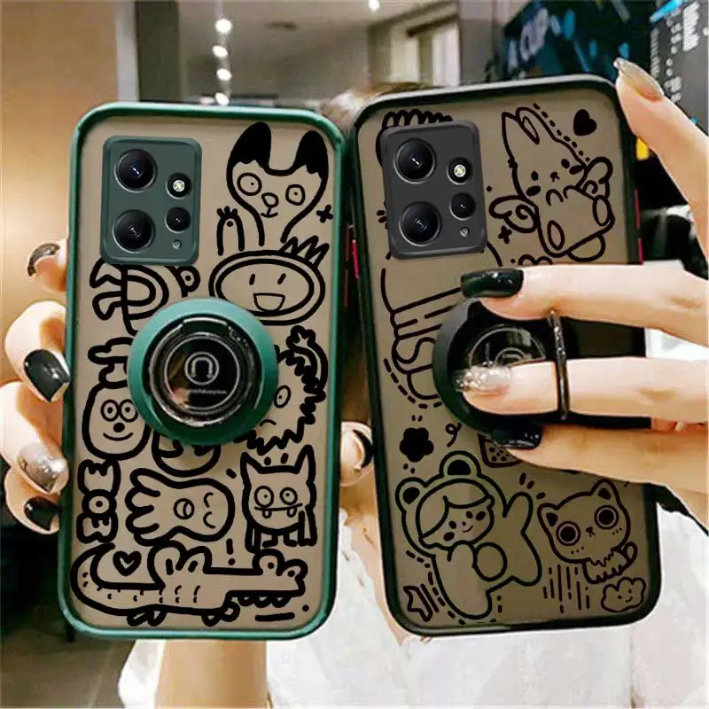 Note12 Sweet Scribbles Skin-feel Ring Phone Case For Redmi Note 13 12 11 10S 10ProMax 10Pro 10 9 8T 8Pro 8 7Pro 7 Cover