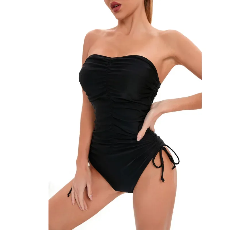 Sexy One Piece Swimsuit Swimwear Women Bikini Bandeau Pleated Drawstring Solid Black Bathing Suit Beachwear Trajes De Bano Mujer