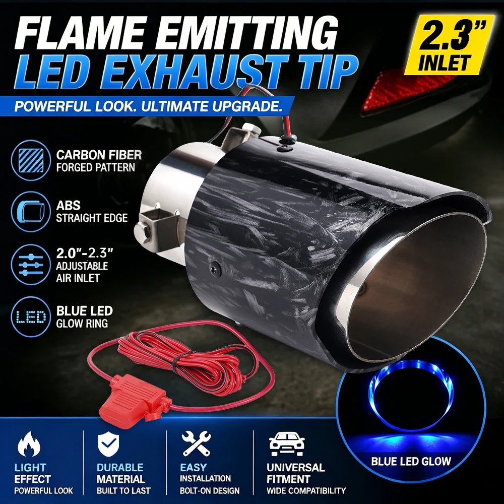

2.0‑2.3" Inlet Car LED Blue Light Exhaust Tip Carbon Fiber Style Stainless Steel+ABS Tail Throat 12V Universal Fit For Most Cars