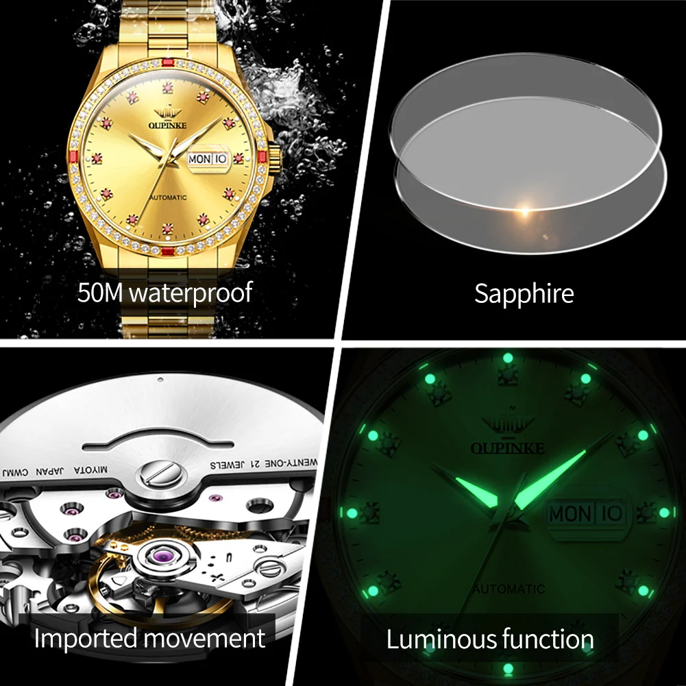 OUPINKE 3261 Automatic Men\'s Mechanical Watches Waterproof Dual Calendar Luminous Golden Luxury Watch for Men Original Brand