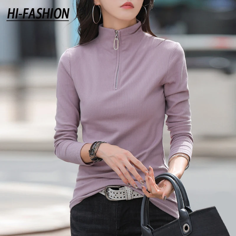 HI-FASHION Korean Slim Office Shirt Women Casual Pullover Spring Cotton Lapel Long Sleeve Zipper Top tees For Woman Plus size