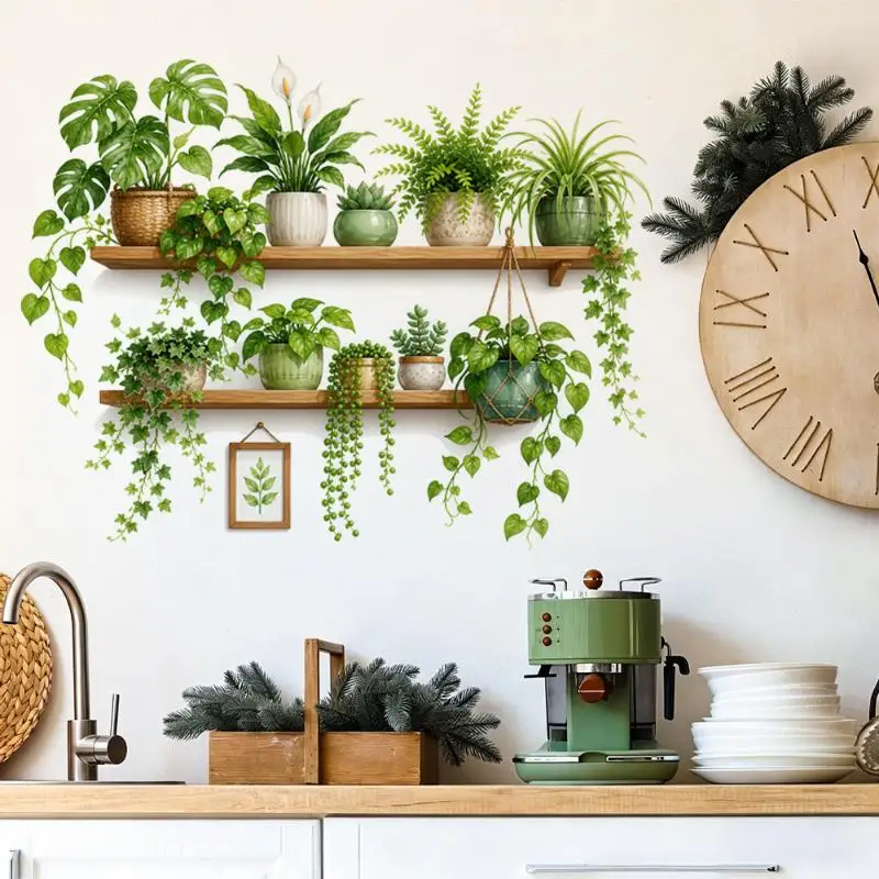 Fresh Potted Flower Shelf Wall Stickers Removable DIY Self-Adhesive Decals for Dining Room Home Wall Decoration